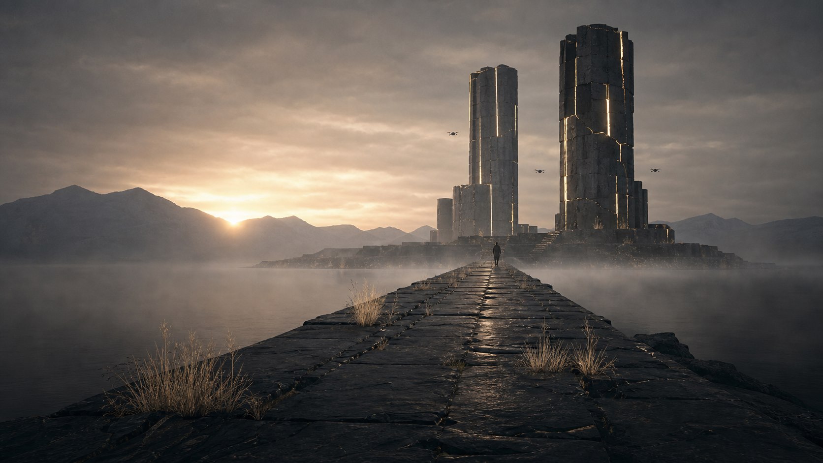 Self-repairing monoliths in a misty landscape