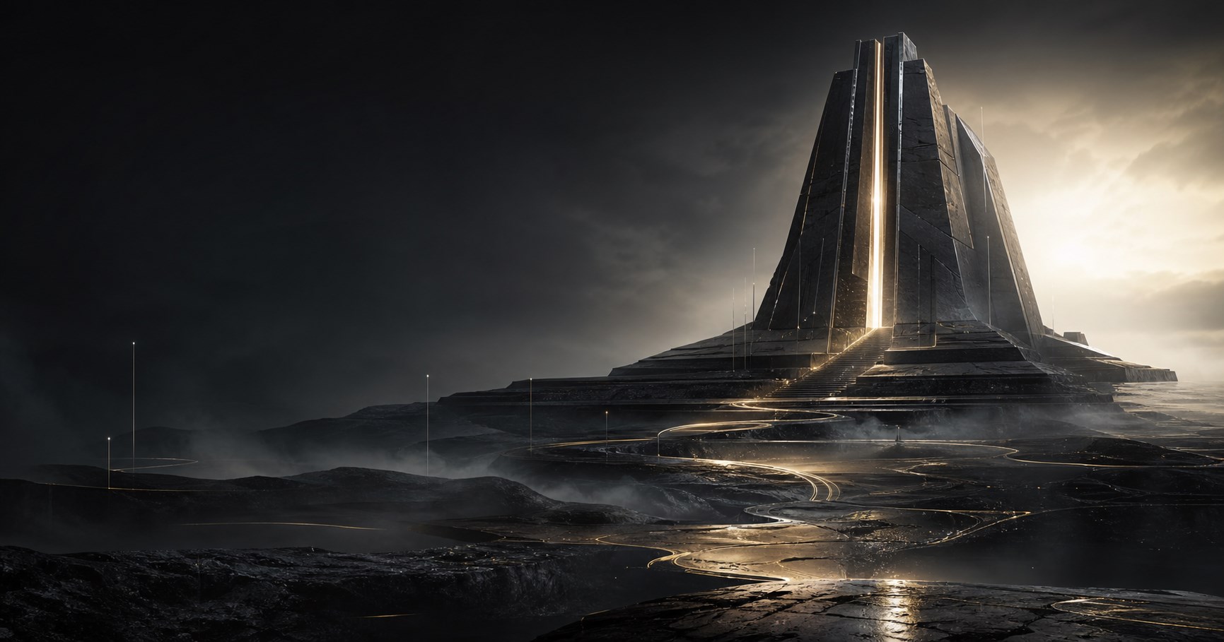 A monumental dark sanctuary representing the Hallow runtime